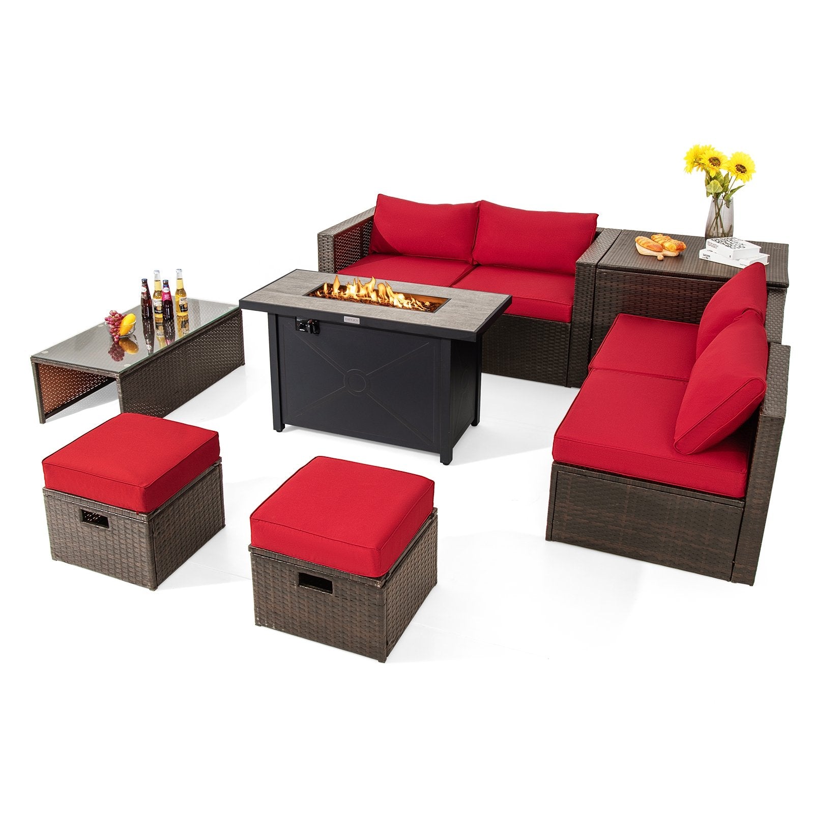 9 Pieces Outdoor Patio Furniture Set with 42 Inch Propane Fire Pit Table, Red Patio Conversation Sets   at Gallery Canada