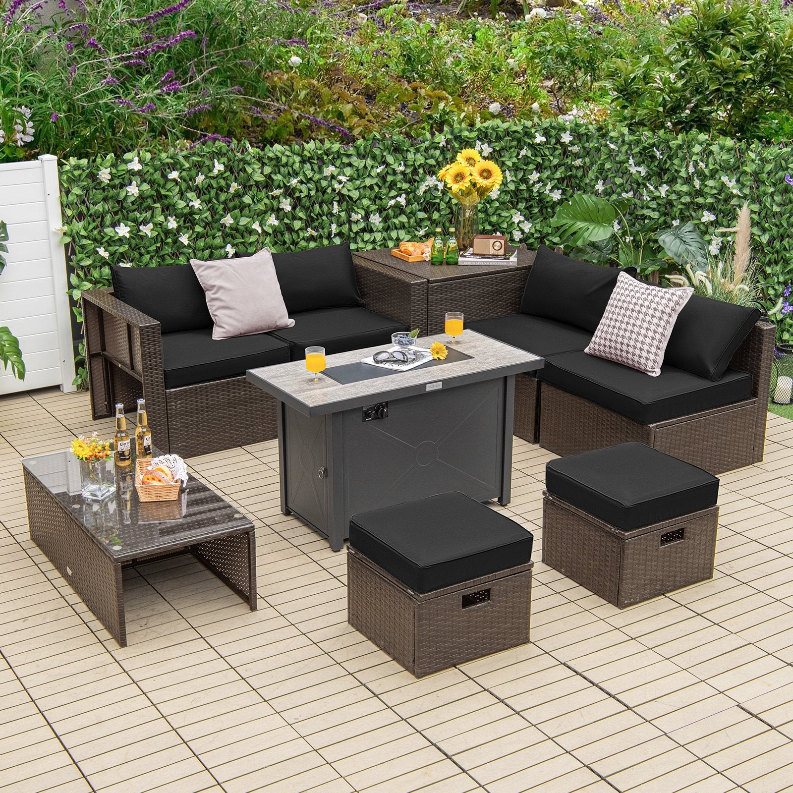 9 Pieces Outdoor Patio Furniture Set with 42 Inch Propane Fire Pit Table, Black Patio Conversation Sets   at Gallery Canada