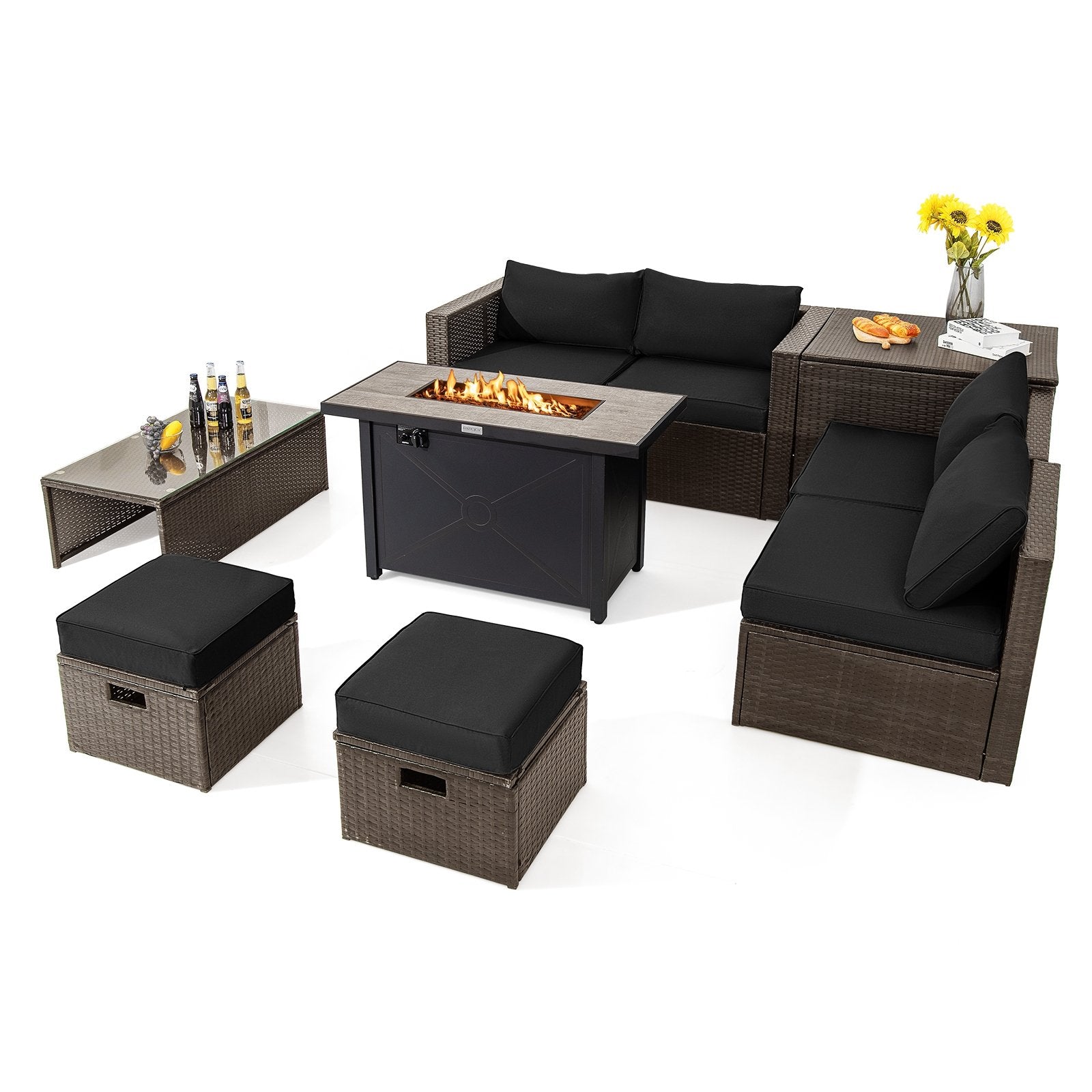 9 Pieces Outdoor Patio Furniture Set with 42 Inch Propane Fire Pit Table, Black Patio Conversation Sets   at Gallery Canada