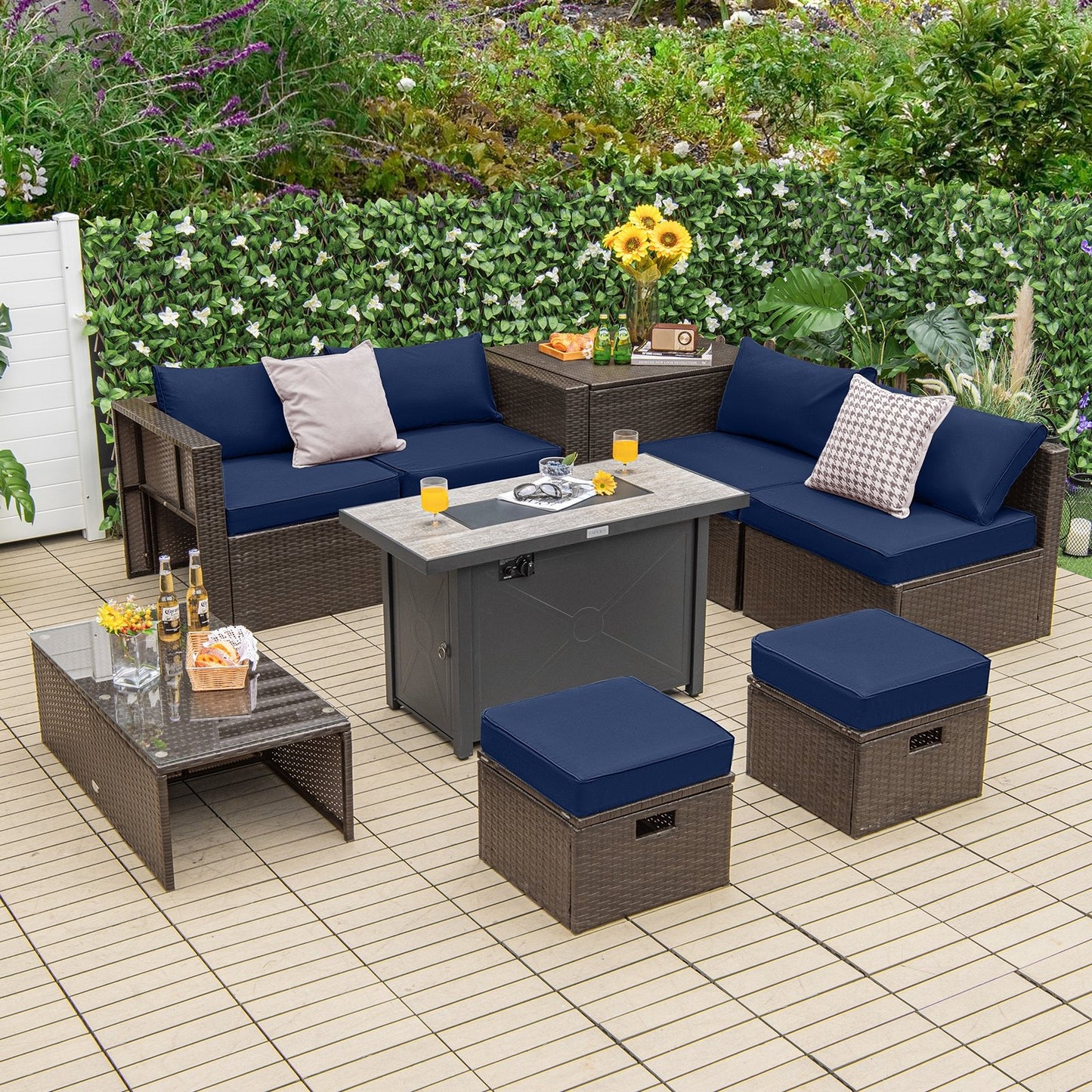 9 Pieces Outdoor Patio Furniture Set with 42 Inch Propane Fire Pit Table, Navy Patio Conversation Sets   at Gallery Canada