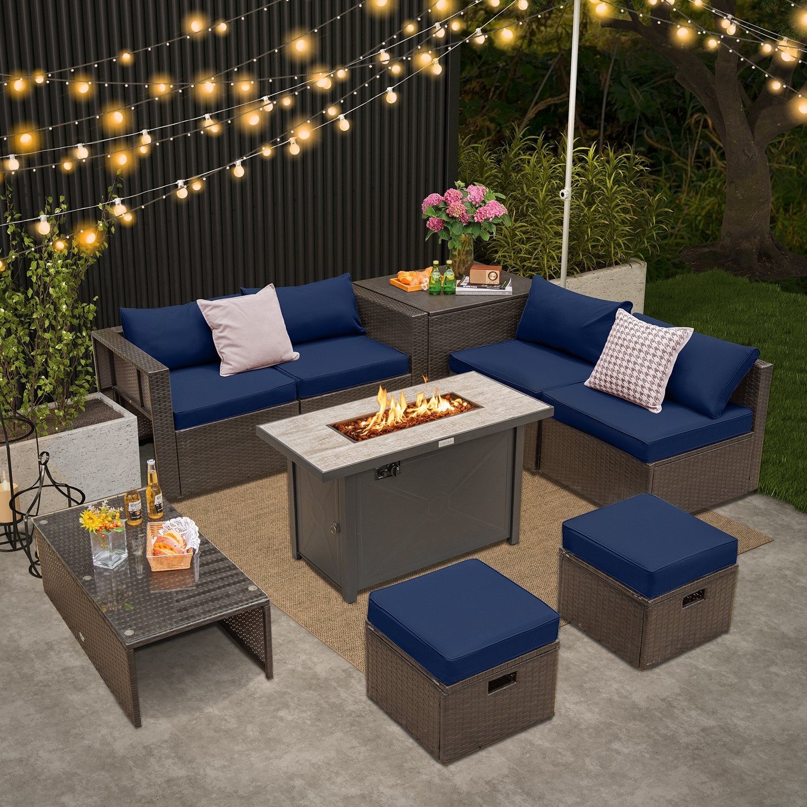 9 Pieces Outdoor Patio Furniture Set with 42 Inch Propane Fire Pit Table, Navy Patio Conversation Sets   at Gallery Canada