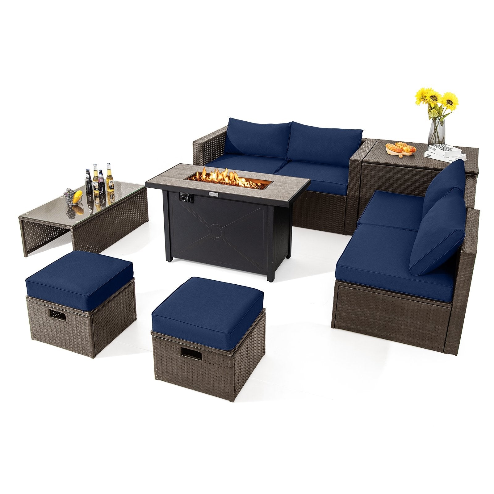 9 Pieces Outdoor Patio Furniture Set with 42 Inch Propane Fire Pit Table, Navy Patio Conversation Sets   at Gallery Canada