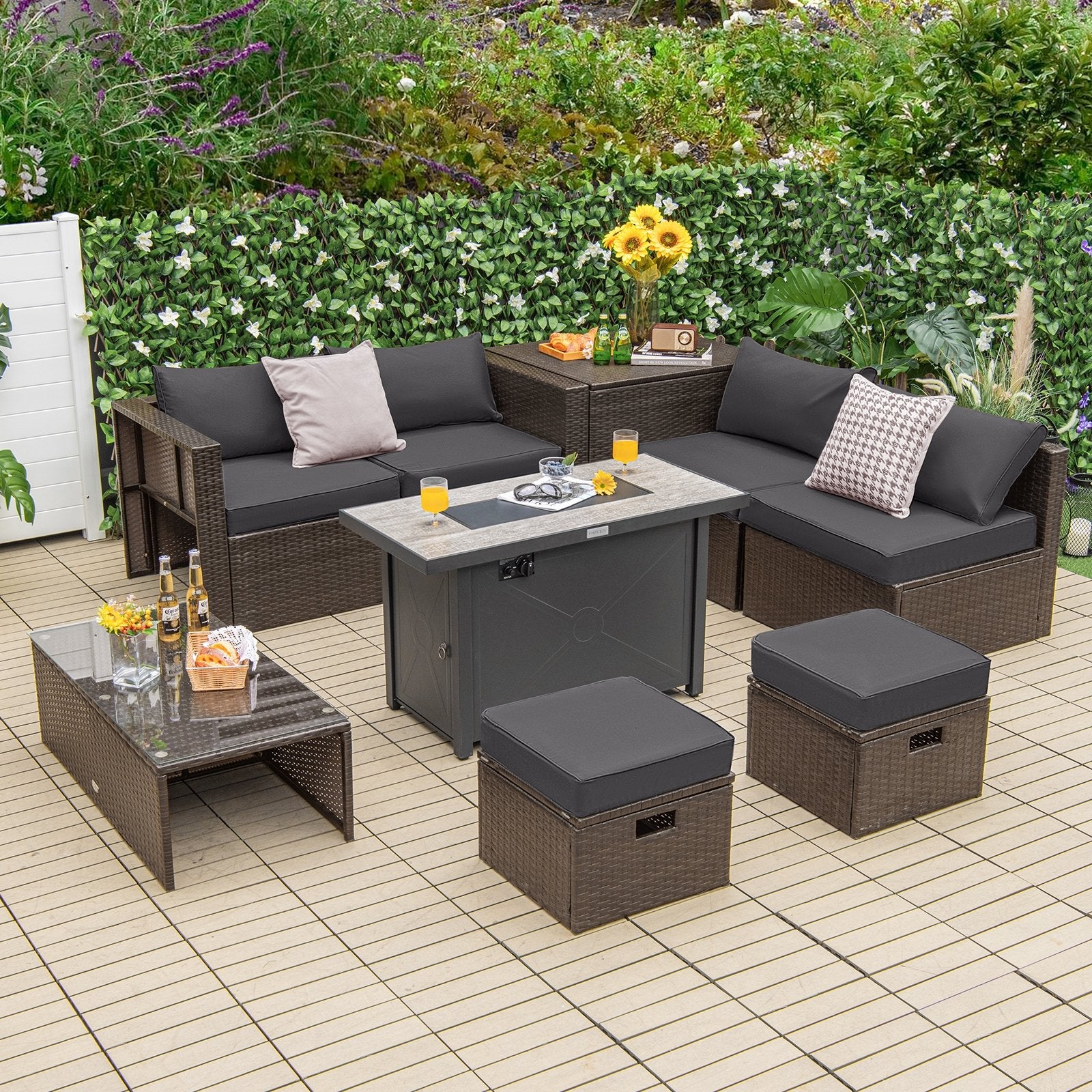 9 Pieces Outdoor Patio Furniture Set with 42 Inch Propane Fire Pit Table, Gray Patio Conversation Sets   at Gallery Canada