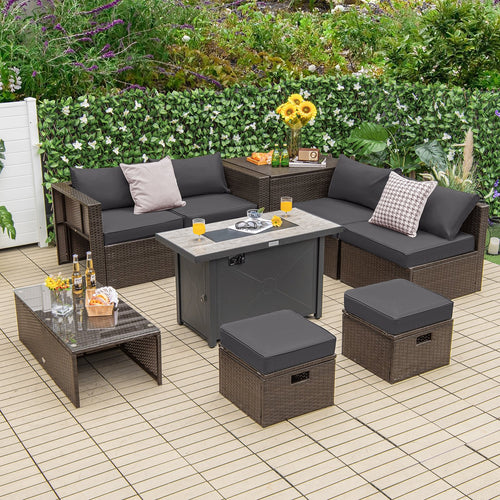 9 Pieces Outdoor Patio Furniture Set with 42 Inch Propane Fire Pit Table, Gray