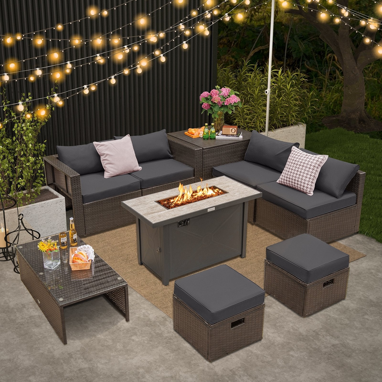 9 Pieces Outdoor Patio Furniture Set with 42 Inch Propane Fire Pit Table, Gray Patio Conversation Sets   at Gallery Canada