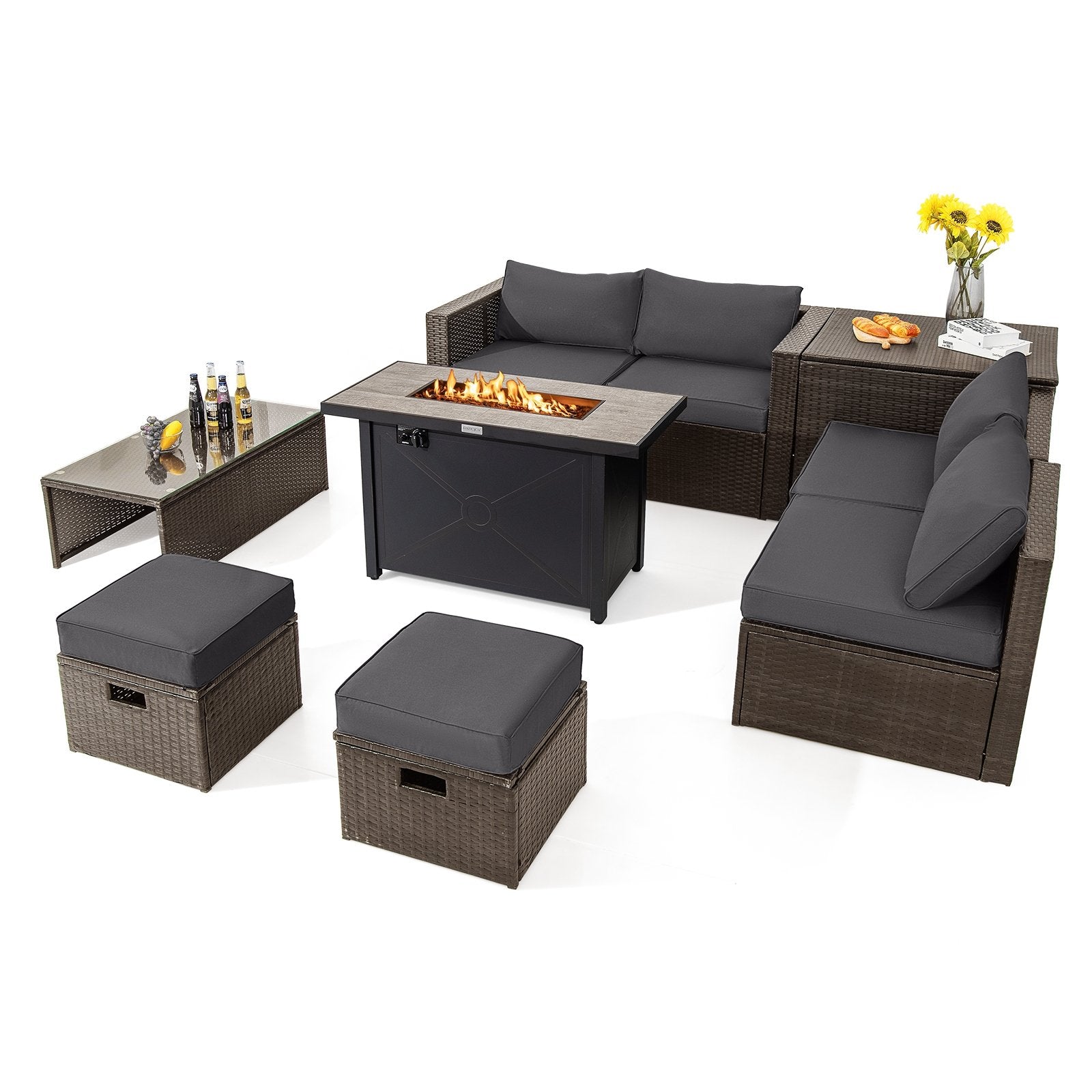 9 Pieces Outdoor Patio Furniture Set with 42 Inch Propane Fire Pit Table, Gray Patio Conversation Sets   at Gallery Canada