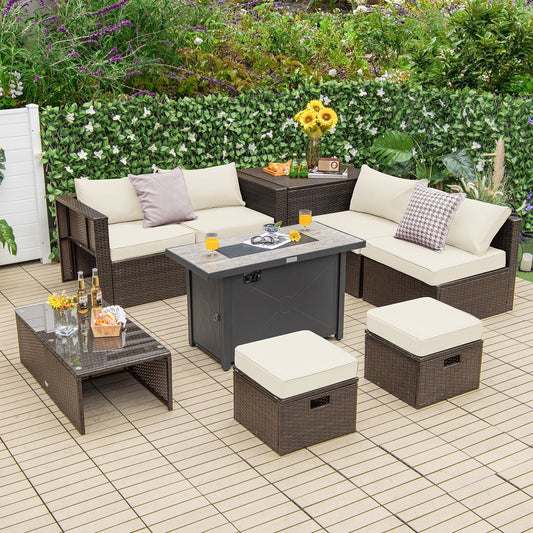 9 Pieces Outdoor Patio Furniture Set with 42 Inch Propane Fire Pit Table, White Patio Conversation Sets   at Gallery Canada