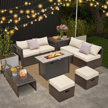 9 Pieces Outdoor Patio Furniture Set with 42 Inch Propane Fire Pit Table, White Patio Conversation Sets   at Gallery Canada