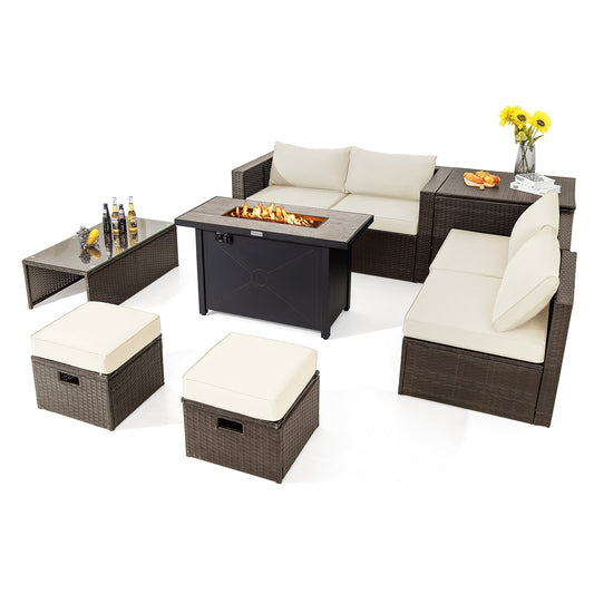 9 Pieces Outdoor Patio Furniture Set with 42 Inch Propane Fire Pit Table, White Patio Conversation Sets   at Gallery Canada