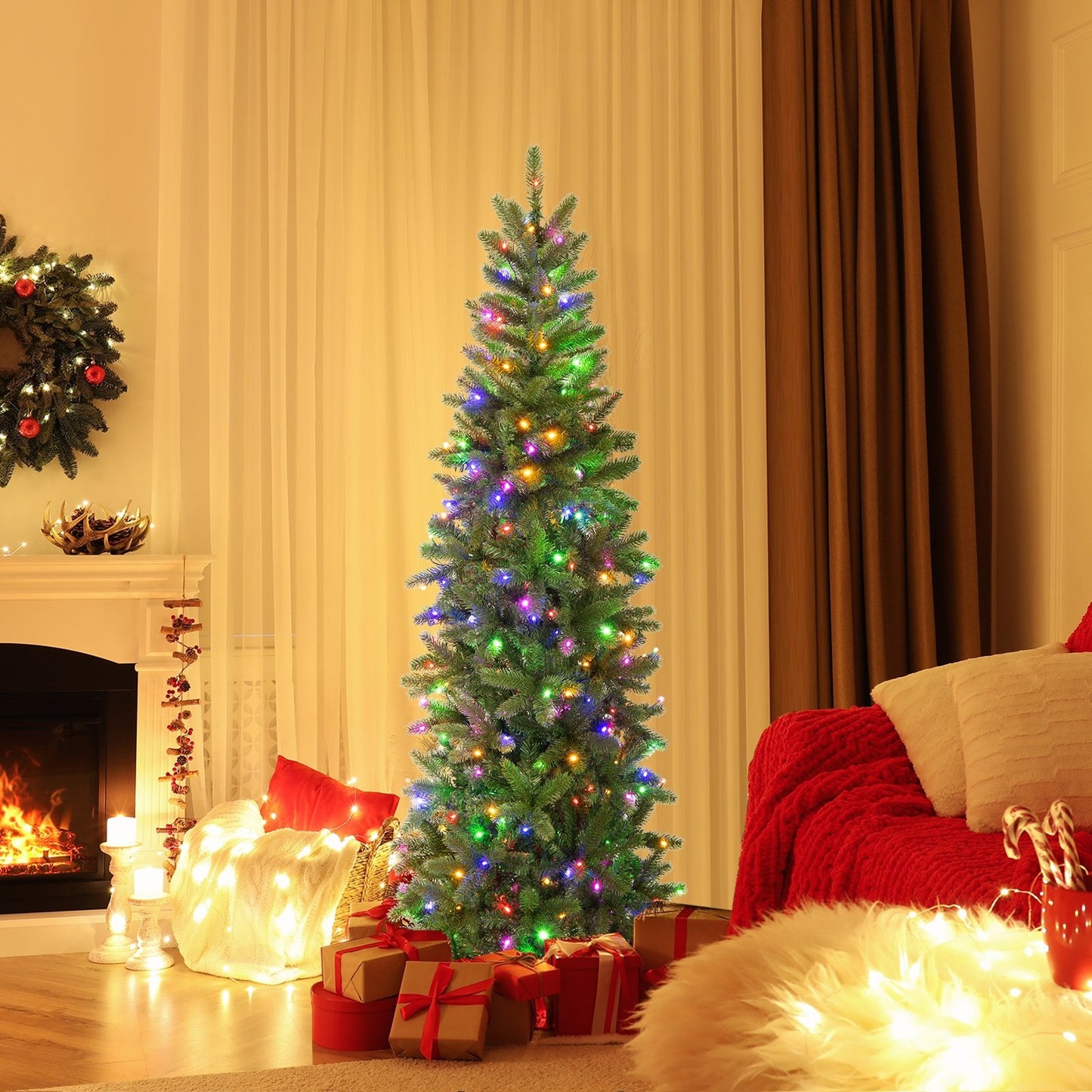 Pencil Christmas Tree with 180 Warm White and Multi-color LED Lights, Green Christmas Tree   at Gallery Canada