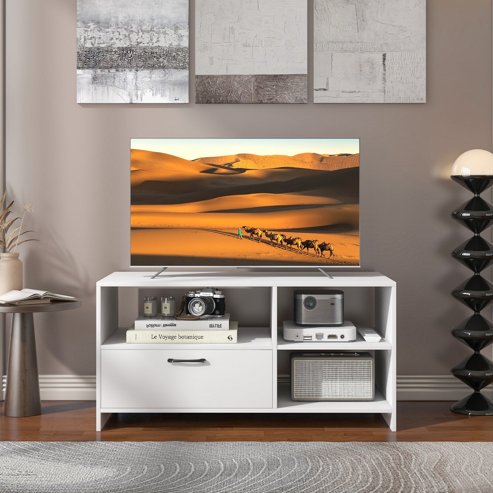 Modern Media Console Table with 3 Open Compartments and 1 Storage Drawer, White Entertainment Centers & TV Stands   at Gallery Canada