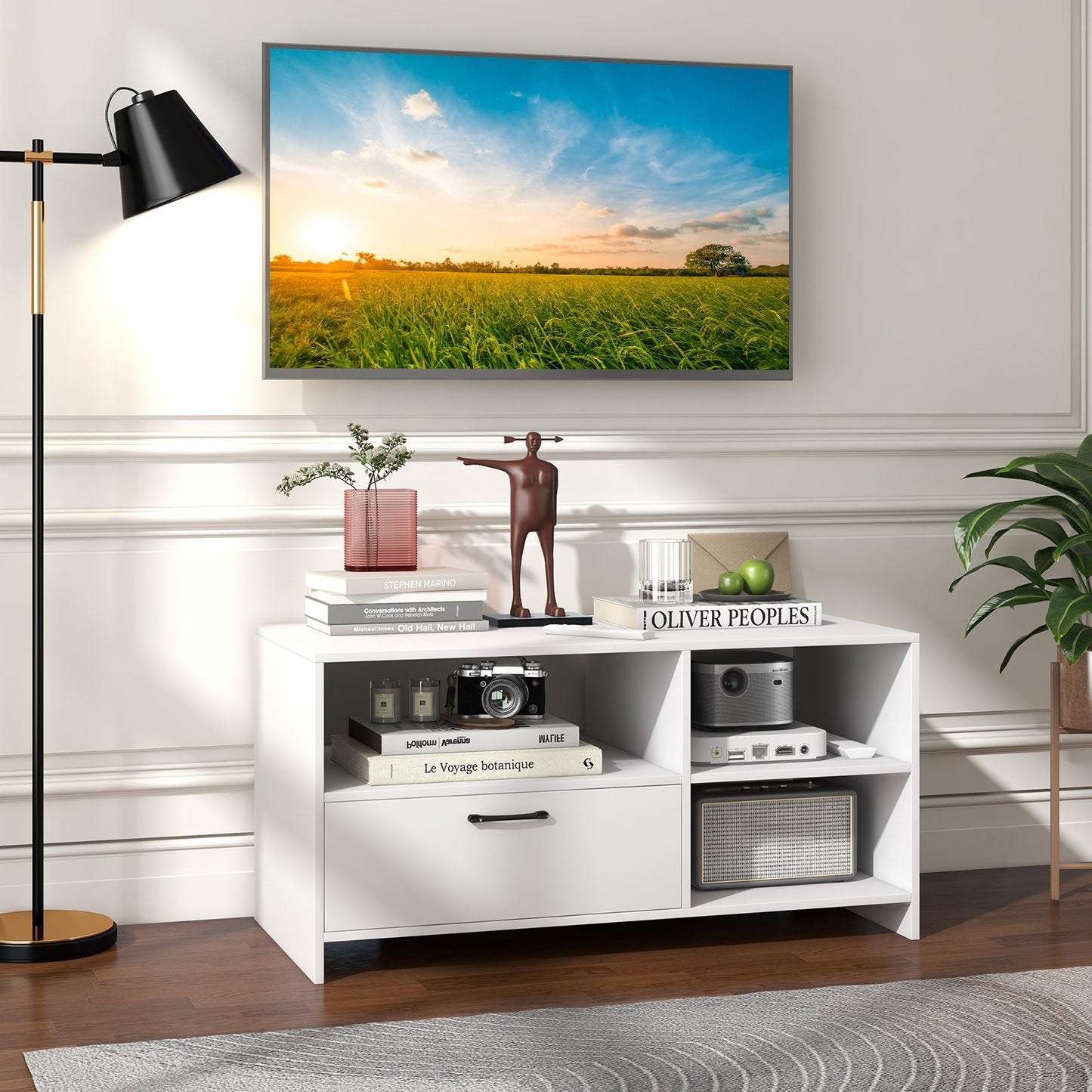 Modern Media Console Table with 3 Open Compartments and 1 Storage Drawer, White Entertainment Centers & TV Stands   at Gallery Canada