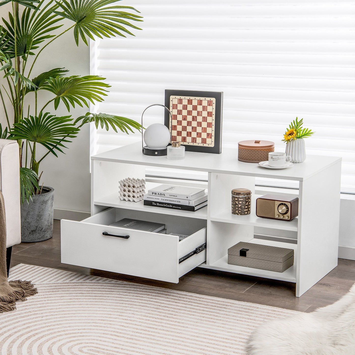 Modern Media Console Table with 3 Open Compartments and 1 Storage Drawer, White Entertainment Centers & TV Stands   at Gallery Canada