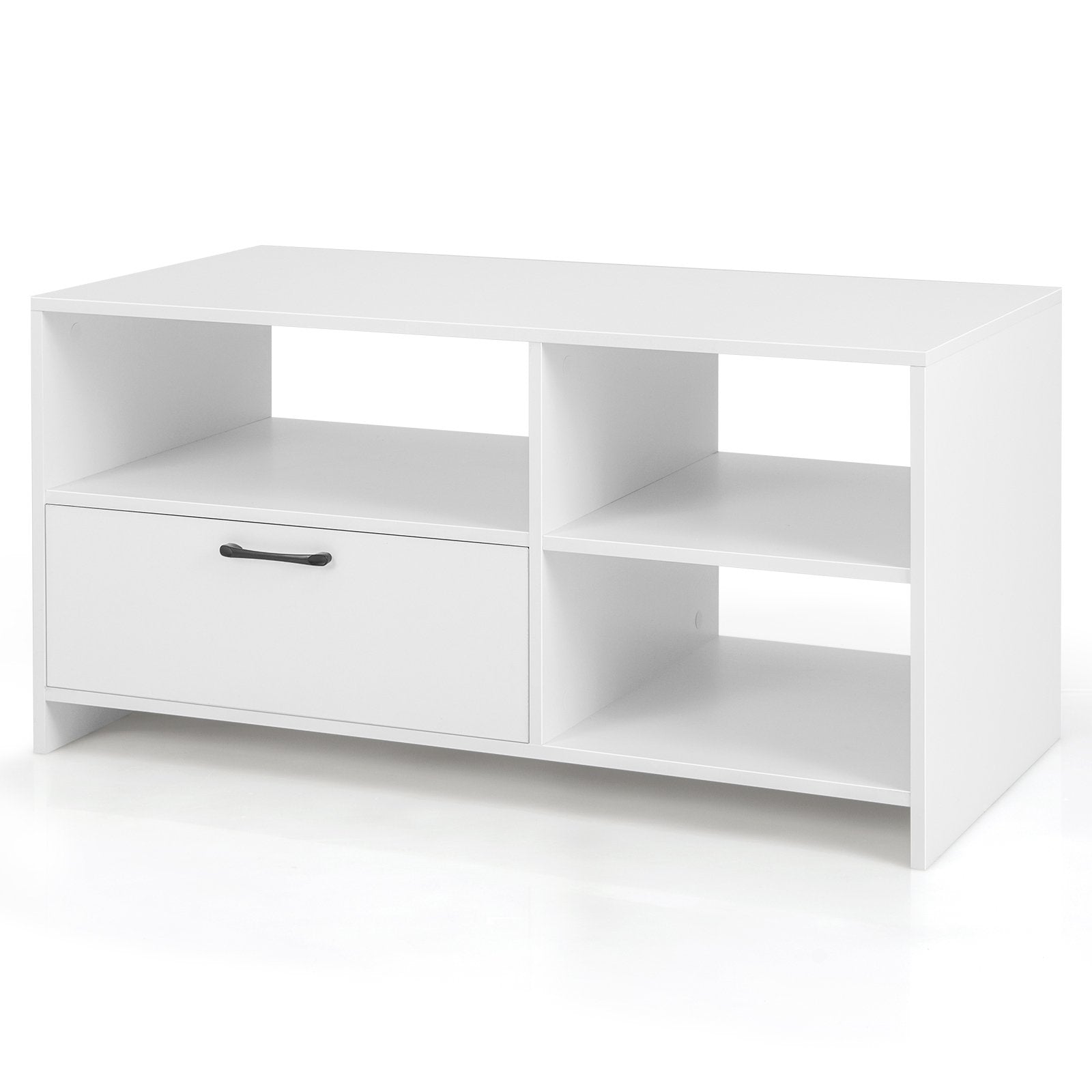 Modern Media Console Table with 3 Open Compartments and 1 Storage Drawer, White Entertainment Centers & TV Stands   at Gallery Canada