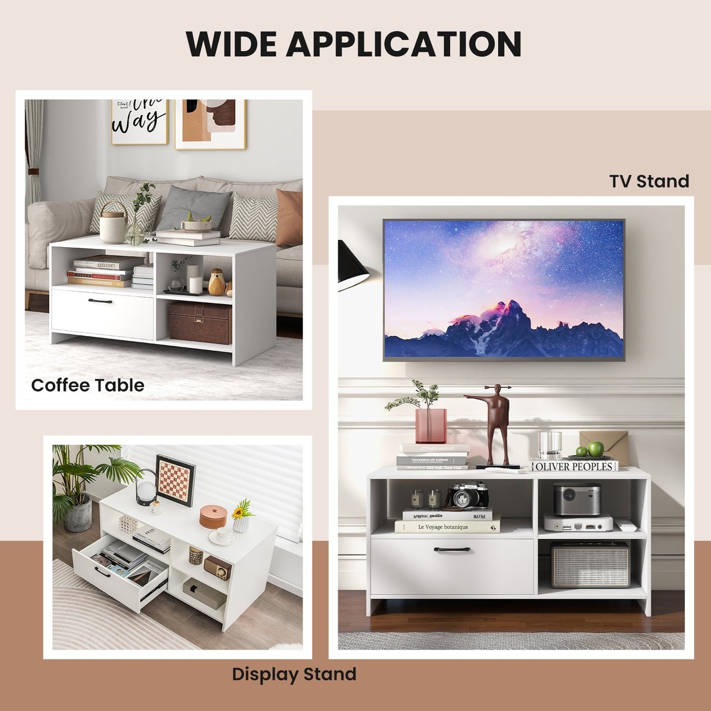 Modern Media Console Table with 3 Open Compartments and 1 Storage Drawer, White Entertainment Centers & TV Stands   at Gallery Canada