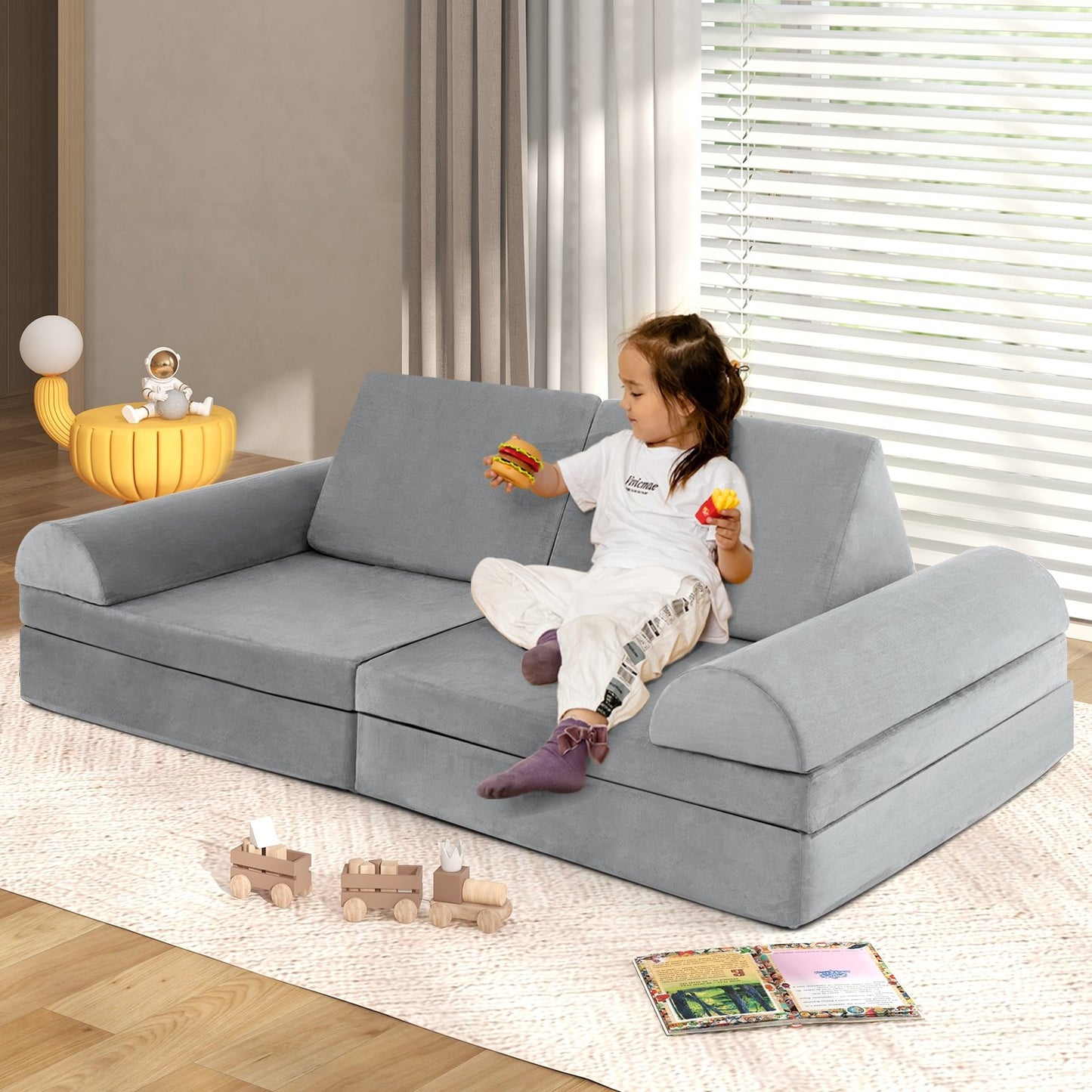 6 Pieces Convertible Kids Sofa Playset with Zipper, Gray Kids Chairs & Seating   at Gallery Canada