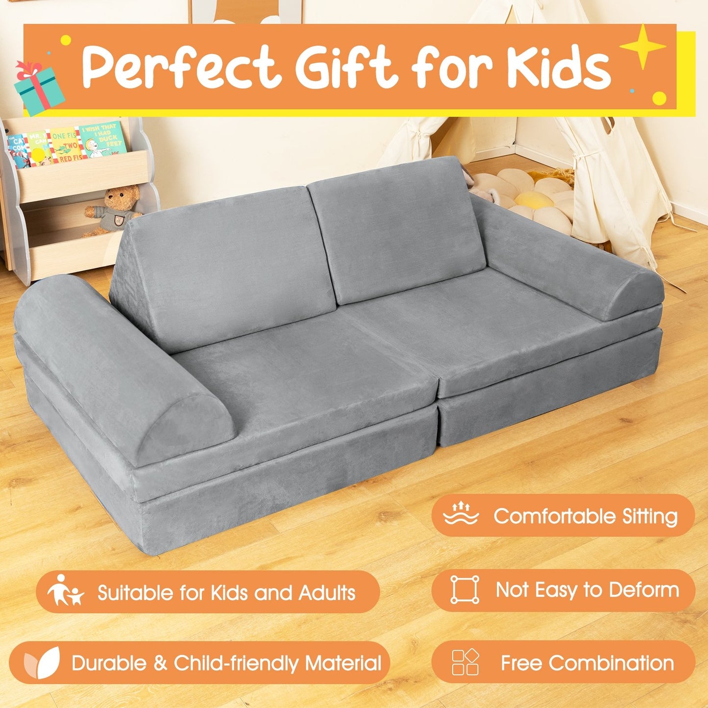 6 Pieces Convertible Kids Sofa Playset with Zipper, Gray Kids Chairs & Seating   at Gallery Canada