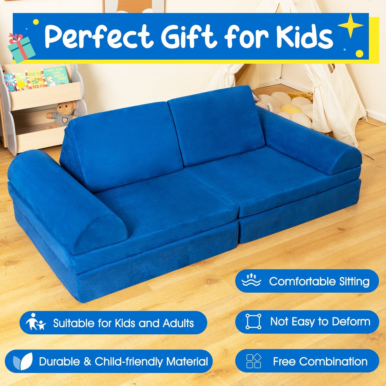 8 Pieces Convertible Kids Sofa Playset with Zipper, Blue Kids Chairs & Seating   at Gallery Canada