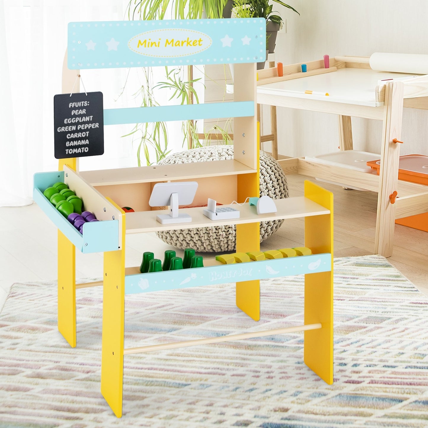 Kid's Pretend Play Grocery Store with Cash Register and Blackboard, Blue - Gallery Canada