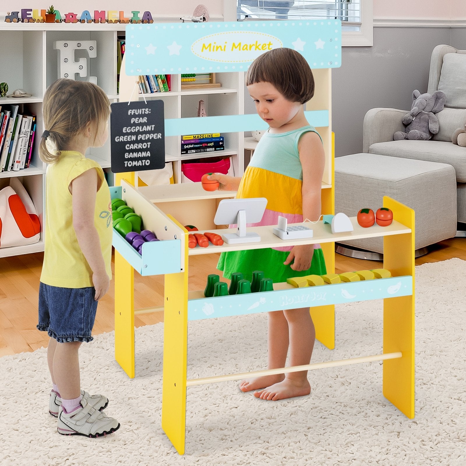 Kid's Pretend Play Grocery Store with Cash Register and Blackboard, Blue Play Kitchen Sets   at Gallery Canada