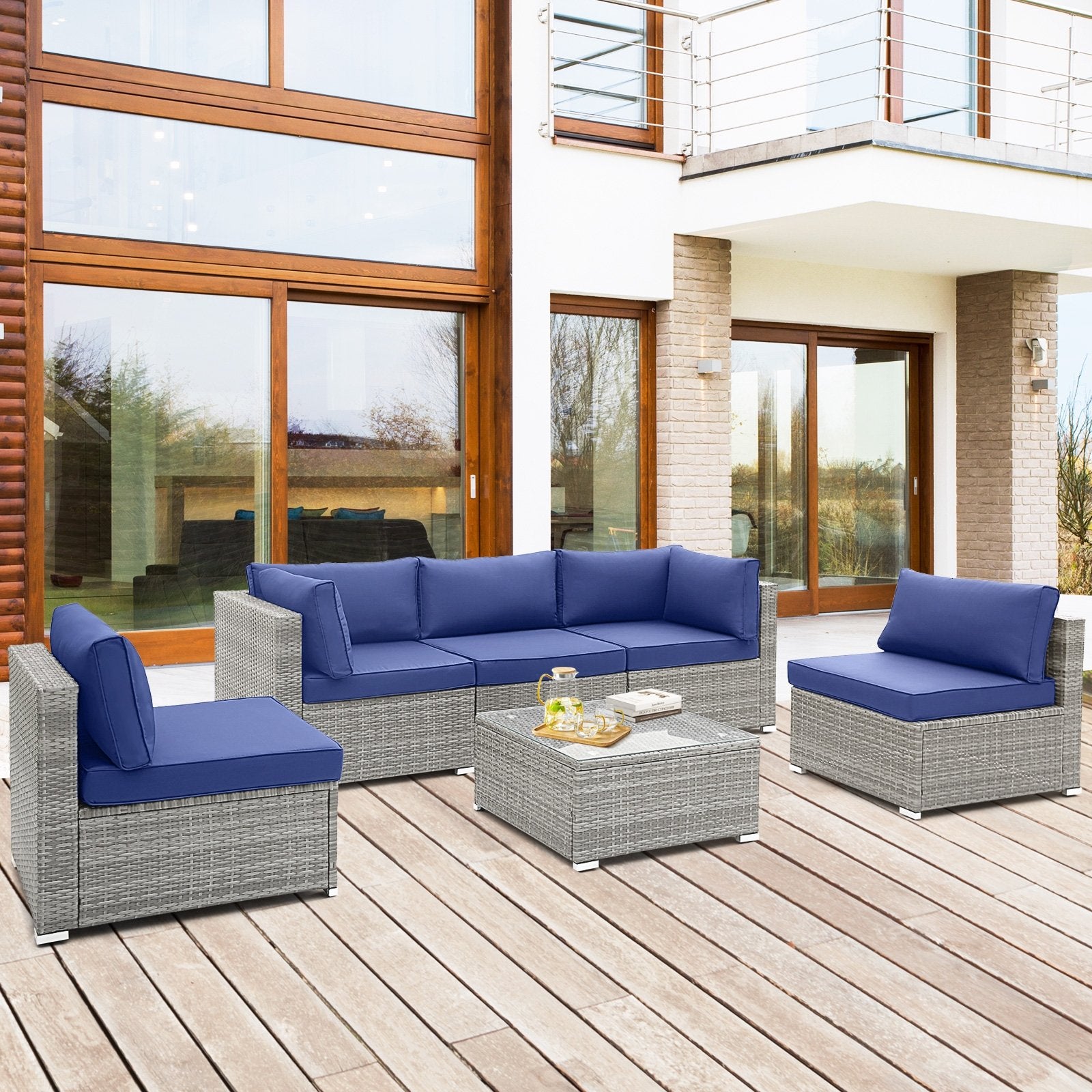 6 Piece Patio Conversation Sofa Set with Tempered Glass Coffee Table, Navy Patio Conversation Sets   at Gallery Canada