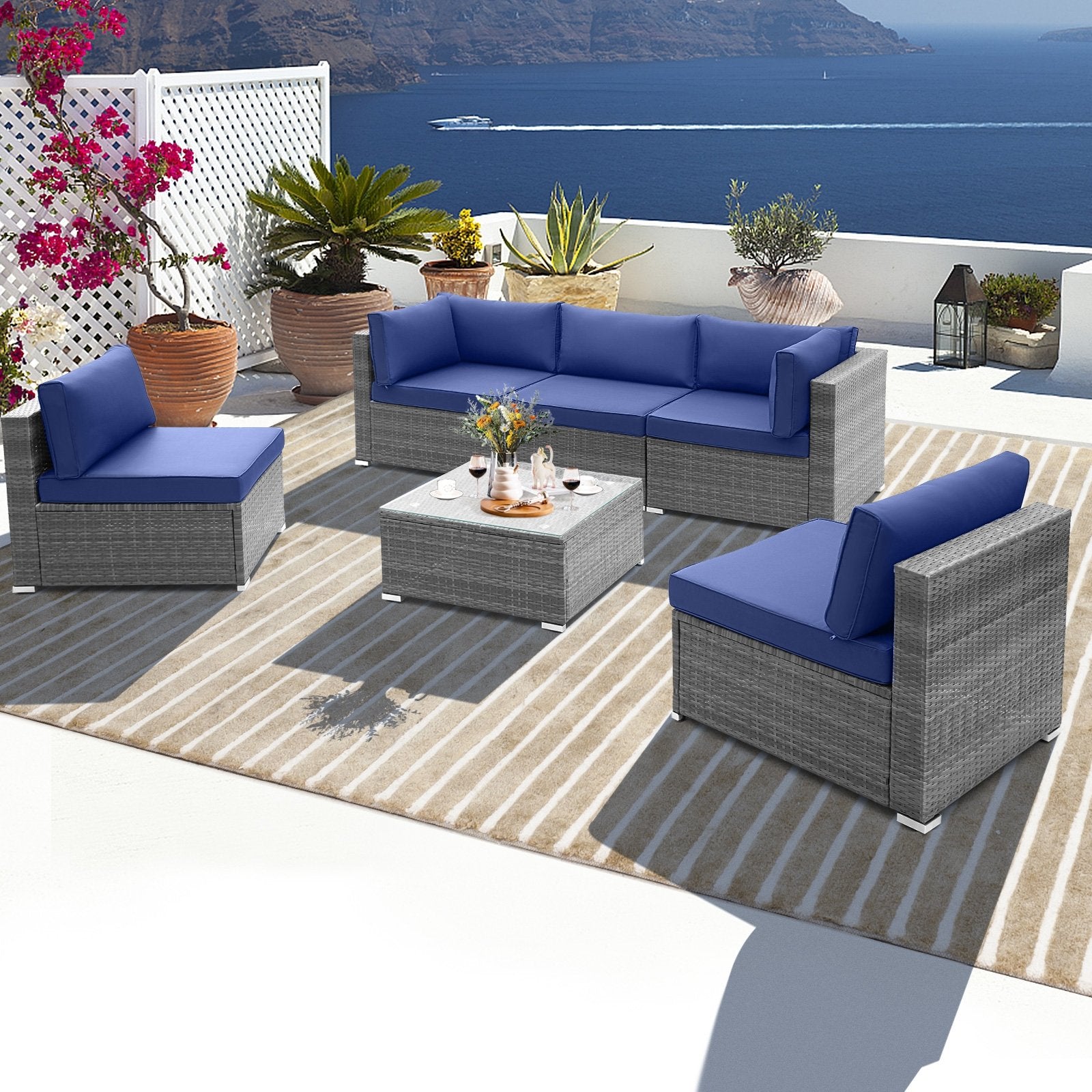 6 Piece Patio Conversation Sofa Set with Tempered Glass Coffee Table, Navy Patio Conversation Sets   at Gallery Canada