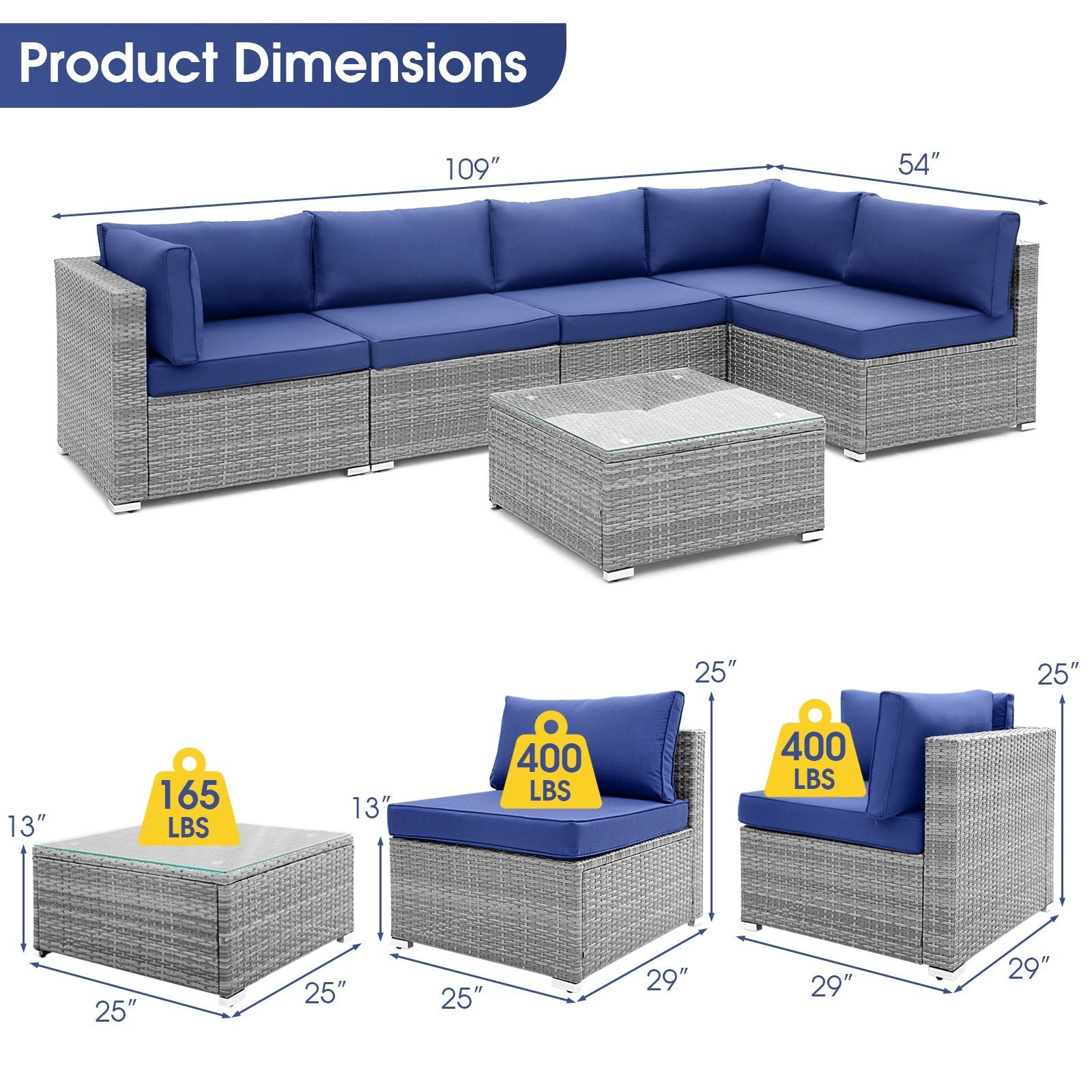 6 Piece Patio Conversation Sofa Set with Tempered Glass Coffee Table, Navy Patio Conversation Sets   at Gallery Canada