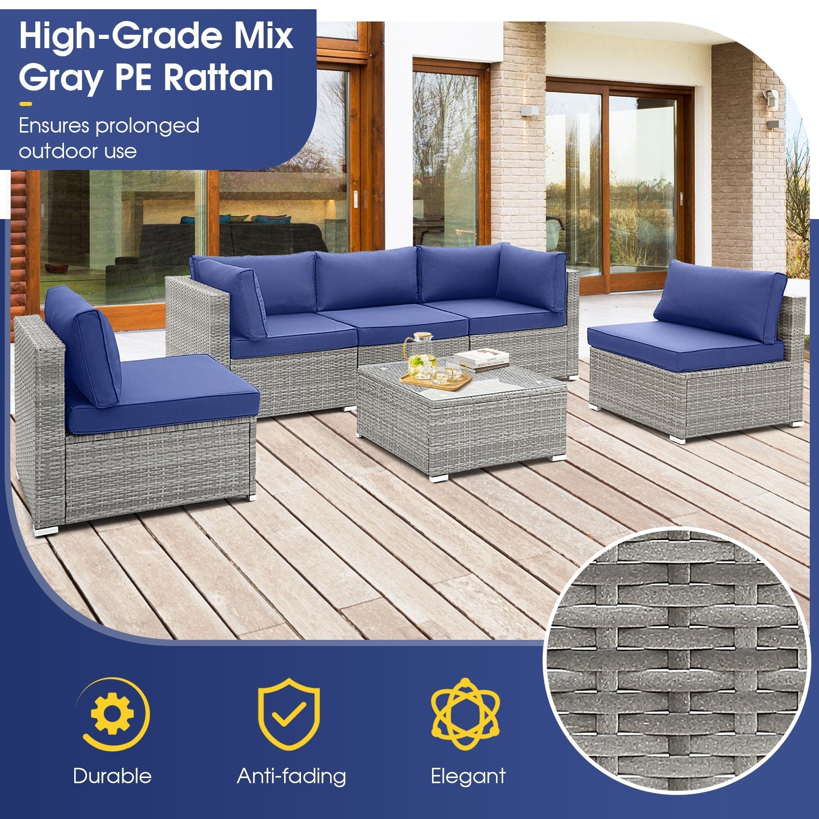 6 Piece Patio Conversation Sofa Set with Tempered Glass Coffee Table, Navy Patio Conversation Sets   at Gallery Canada