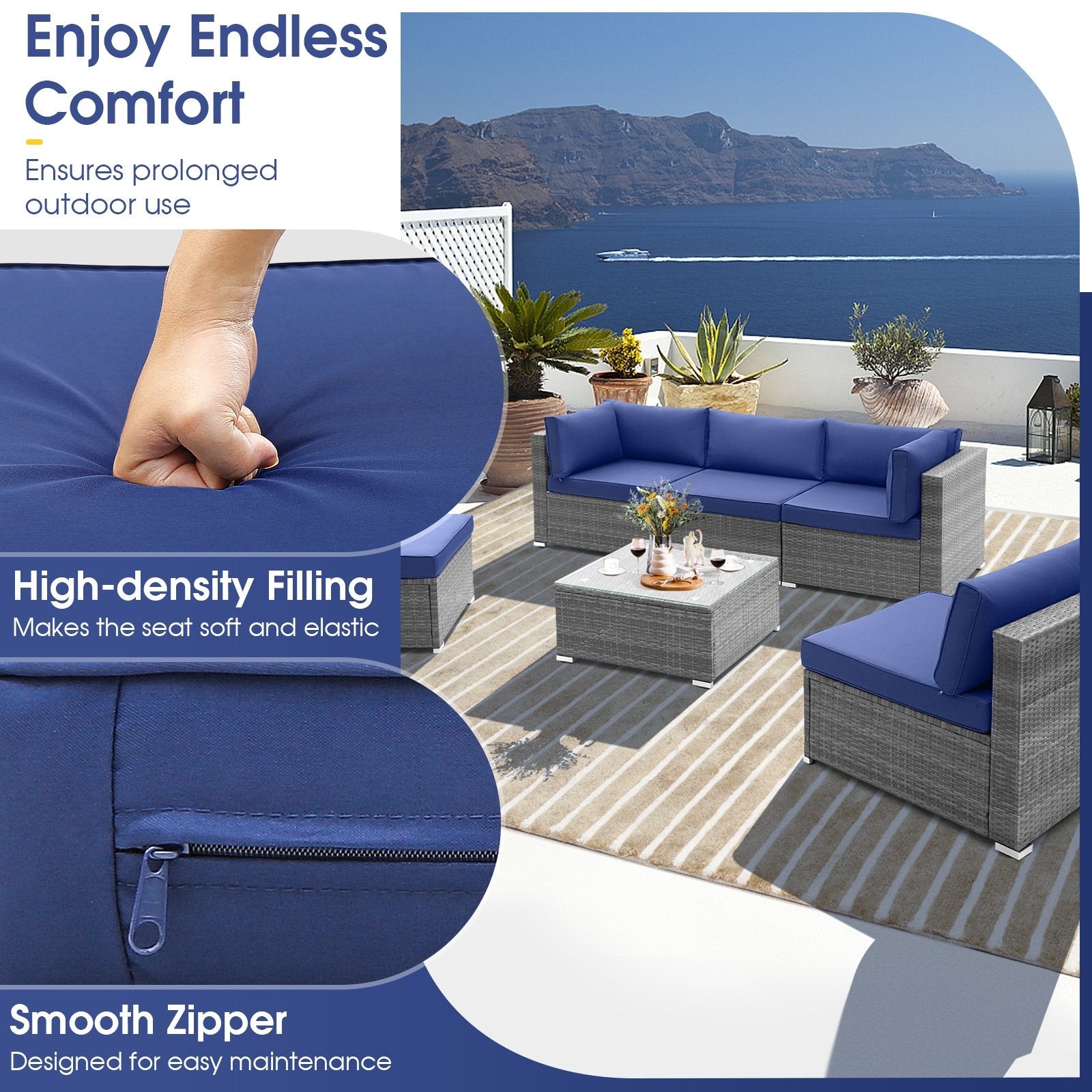 6 Piece Patio Conversation Sofa Set with Tempered Glass Coffee Table, Navy Patio Conversation Sets   at Gallery Canada