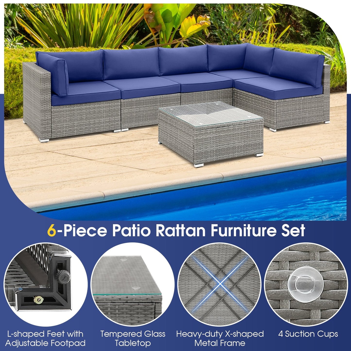 6 Piece Patio Conversation Sofa Set with Tempered Glass Coffee Table, Navy Patio Conversation Sets   at Gallery Canada