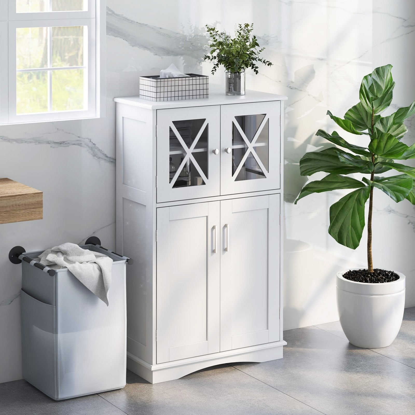 4 Doors Freeestanding Bathroom Floor Cabinet with Adjustable Shelves, White Floor Cabinets   at Gallery Canada