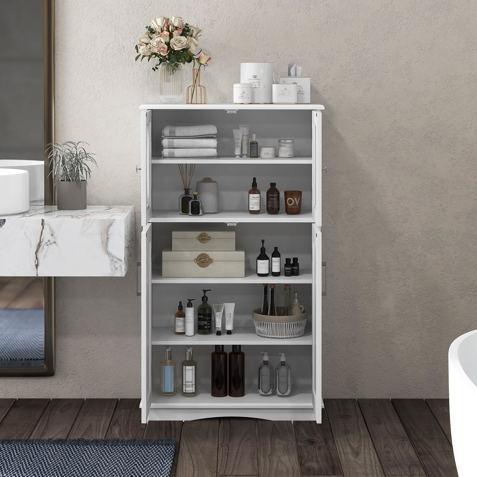 4 Doors Freeestanding Bathroom Floor Cabinet with Adjustable Shelves, White Floor Cabinets   at Gallery Canada