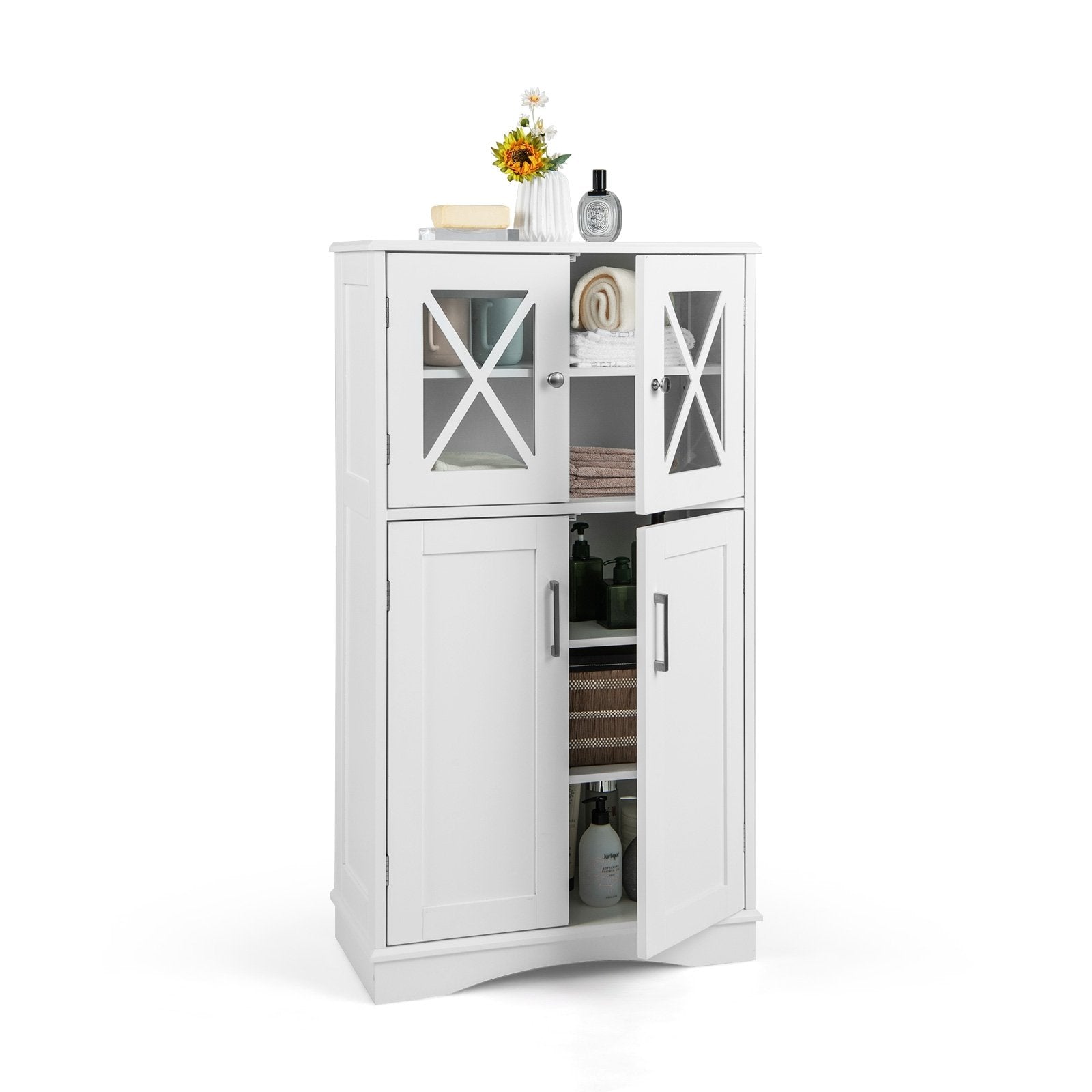 4 Doors Freeestanding Bathroom Floor Cabinet with Adjustable Shelves, White Floor Cabinets   at Gallery Canada