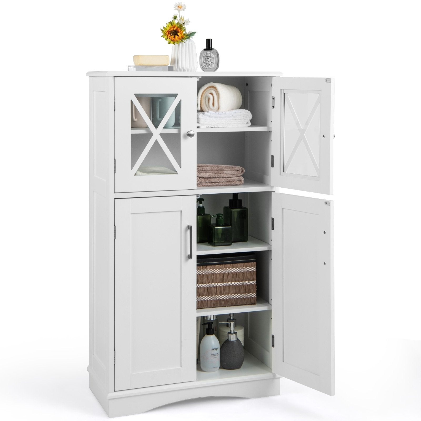 4 Doors Freeestanding Bathroom Floor Cabinet with Adjustable Shelves, White Floor Cabinets   at Gallery Canada