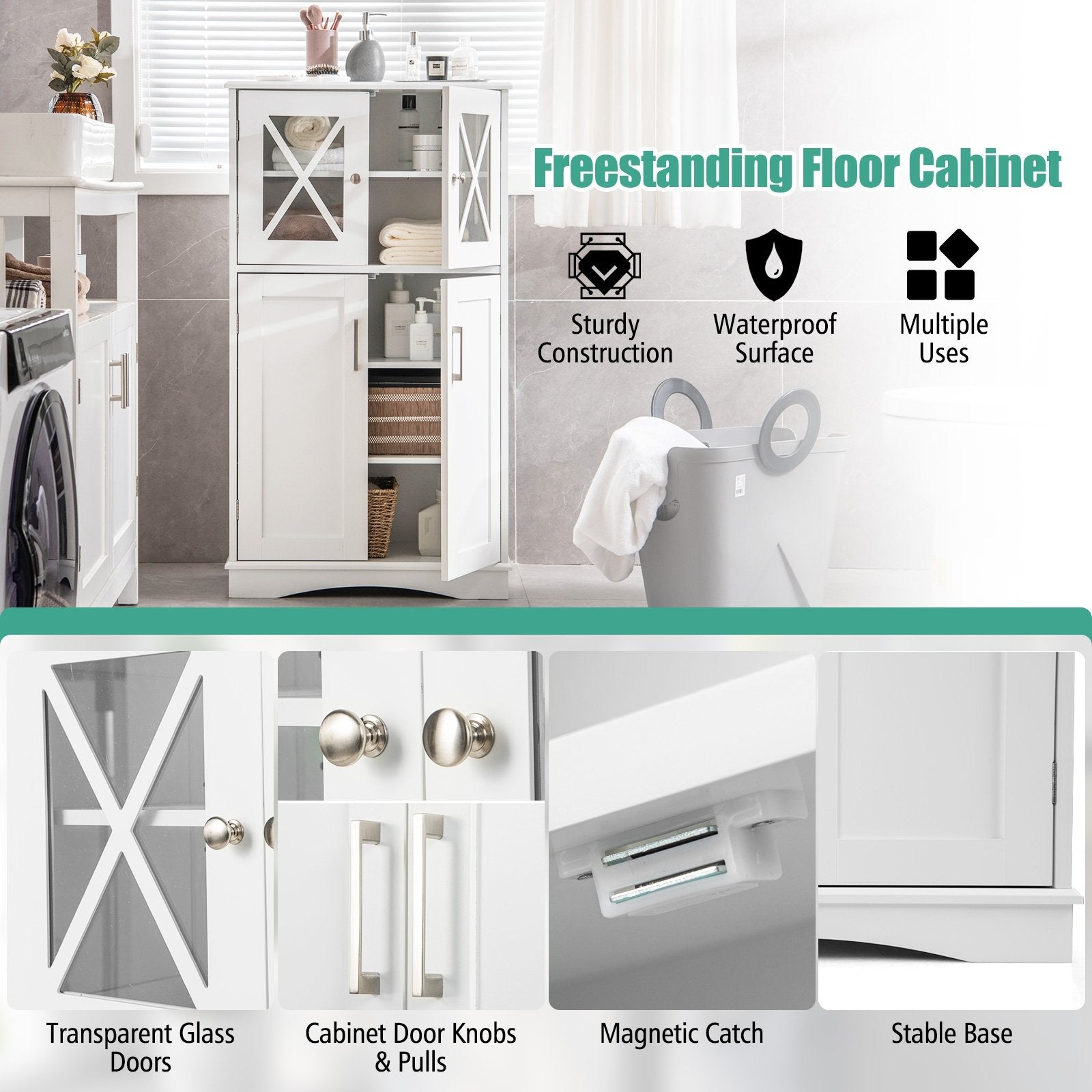 4 Doors Freeestanding Bathroom Floor Cabinet with Adjustable Shelves, White Floor Cabinets   at Gallery Canada