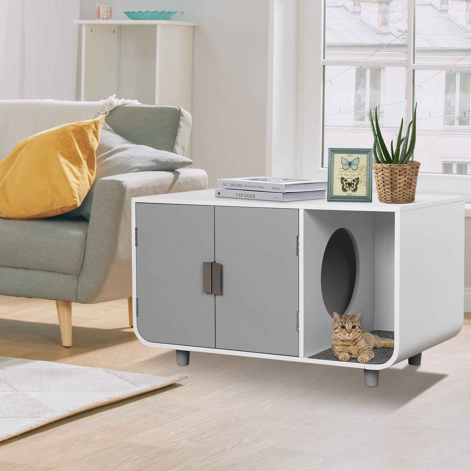 Cat Litter Box Enclosure Furniture with Removable Mat, Gray Cat Houses   at Gallery Canada