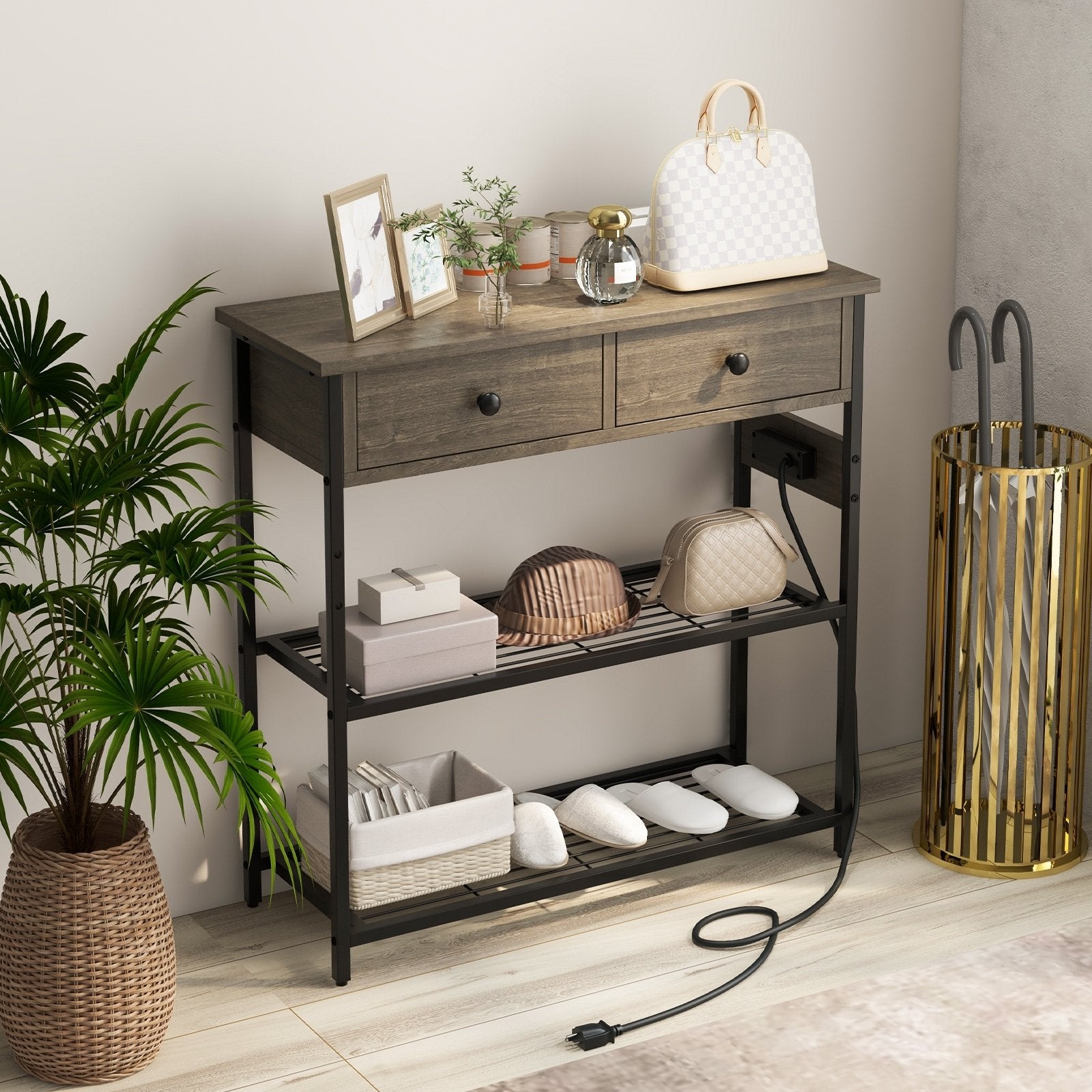 Narrow Console Table with 2 Drawers and 2 Metal Mesh Shelves, Gray Console Tables   at Gallery Canada