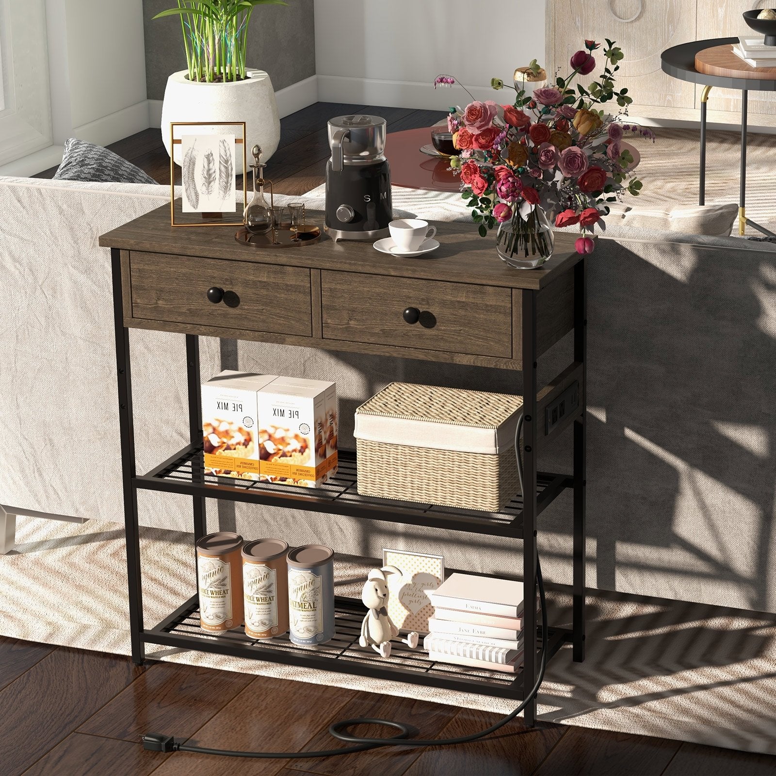 Narrow Console Table with 2 Drawers and 2 Metal Mesh Shelves, Gray Console Tables   at Gallery Canada