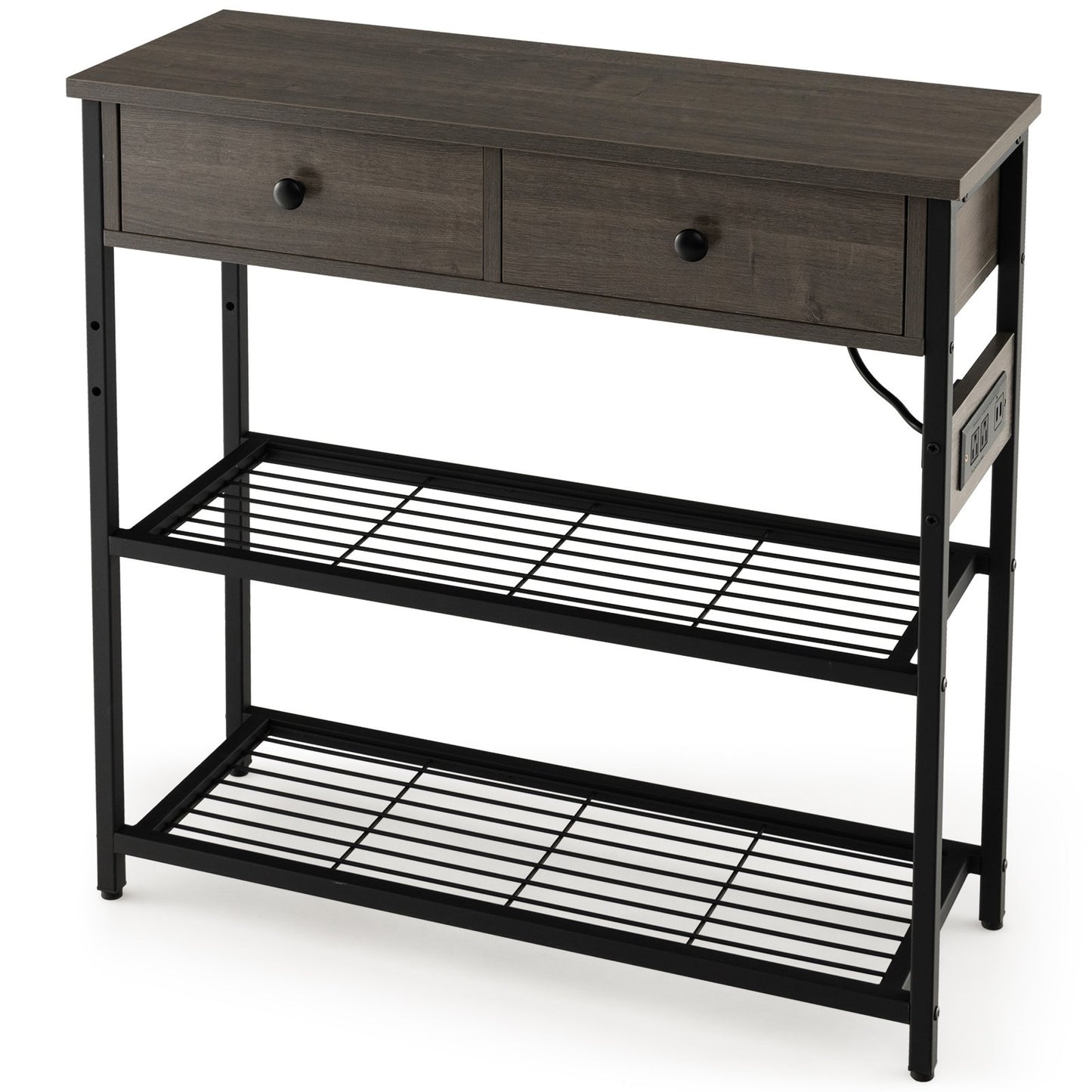 Narrow Console Table with 2 Drawers and 2 Metal Mesh Shelves, Gray Console Tables   at Gallery Canada