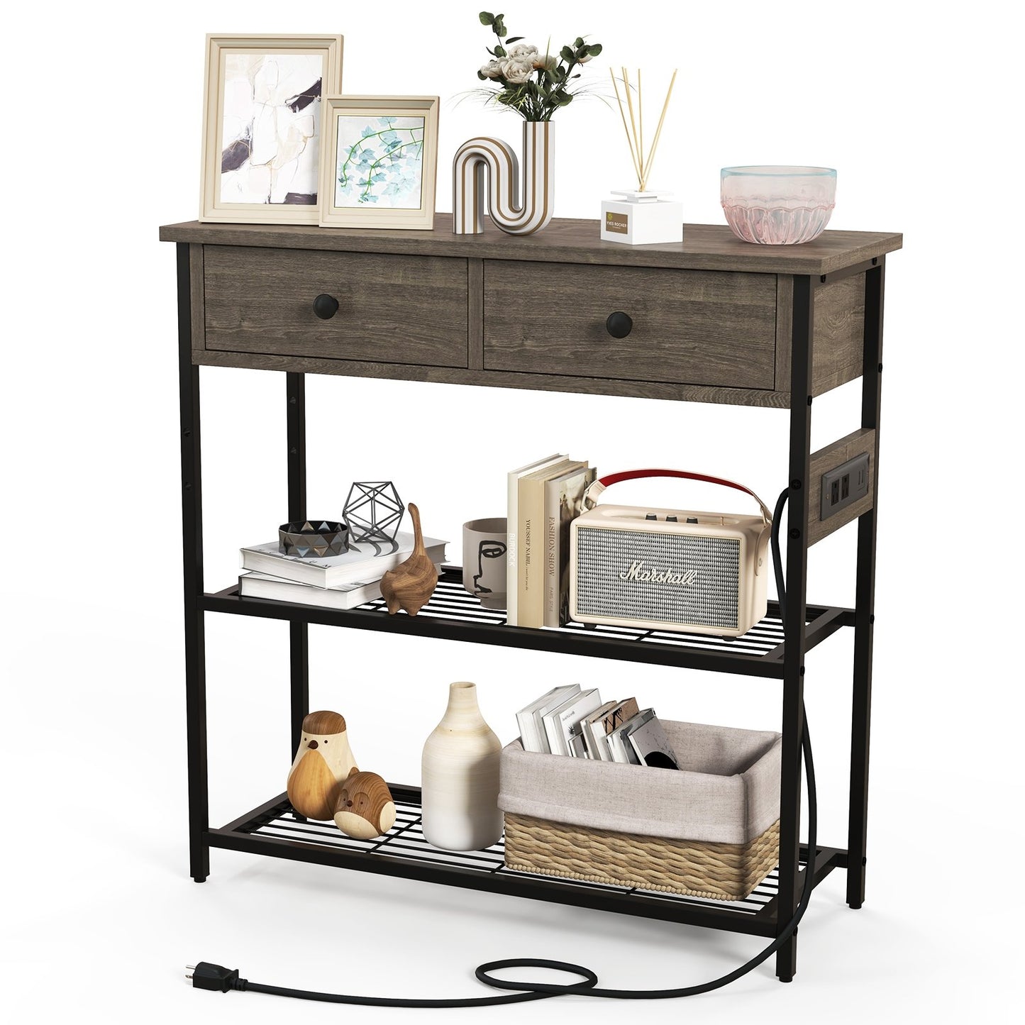 Narrow Console Table with 2 Drawers and 2 Metal Mesh Shelves, Gray Console Tables   at Gallery Canada