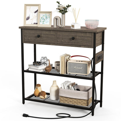 Narrow Console Table with 2 Drawers and 2 Metal Mesh Shelves, Gray Console Tables   at Gallery Canada