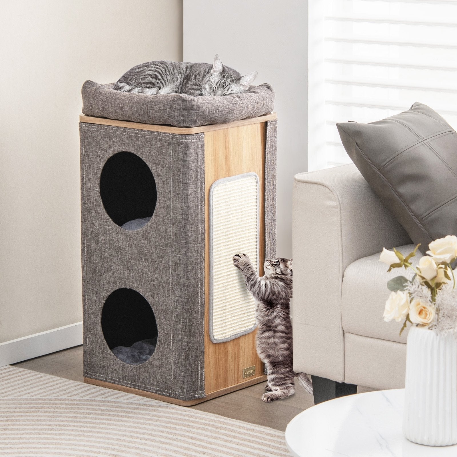 3-Story Cat House with Scratching Board for Indoor Cats, Gray Cat Trees Condos & Scratchers   at Gallery Canada