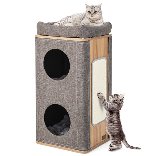 3-Story Cat House with Scratching Board for Indoor Cats, Gray