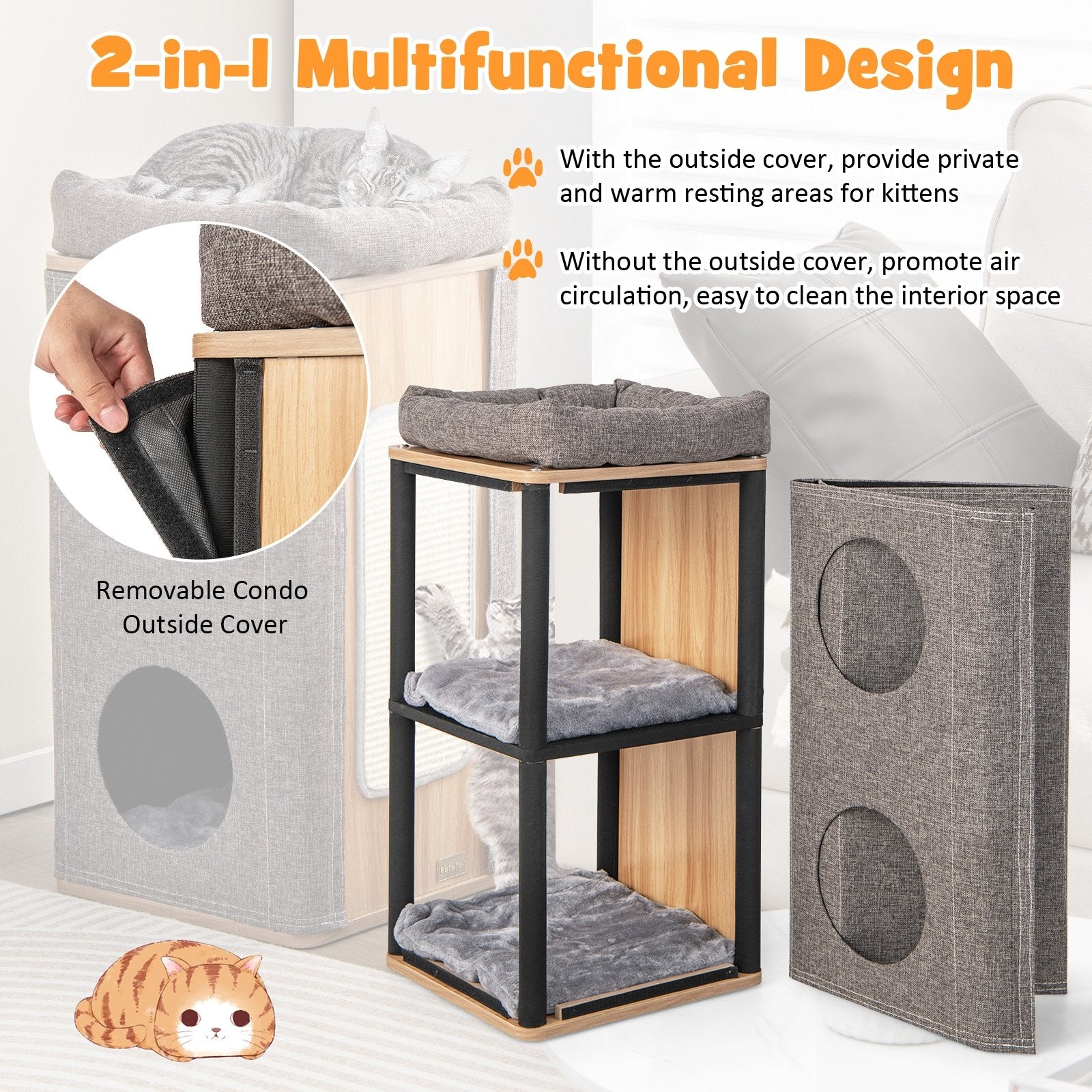 3-Story Cat House with Scratching Board for Indoor Cats, Gray Cat Trees Condos & Scratchers   at Gallery Canada