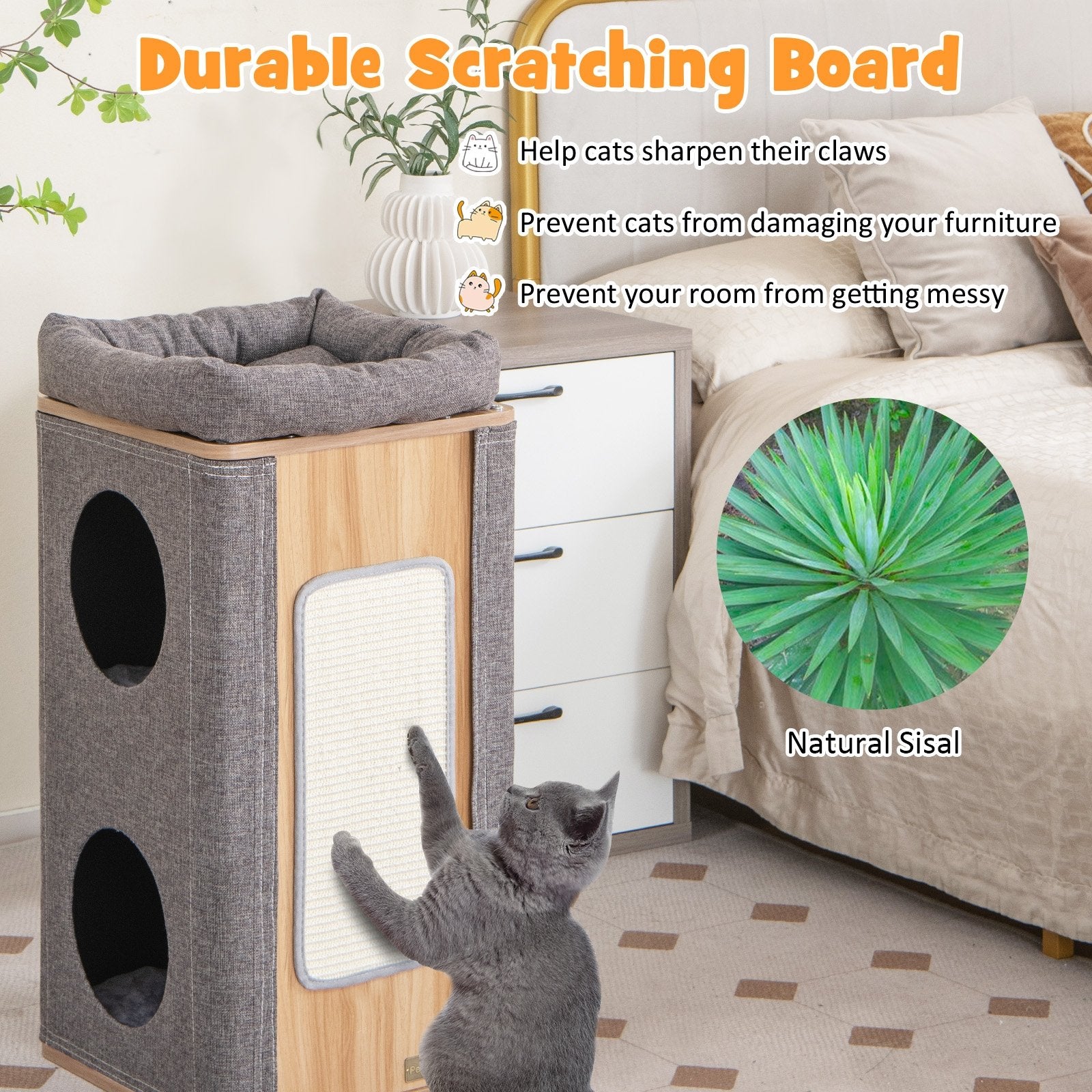 3-Story Cat House with Scratching Board for Indoor Cats, Gray Cat Trees Condos & Scratchers   at Gallery Canada