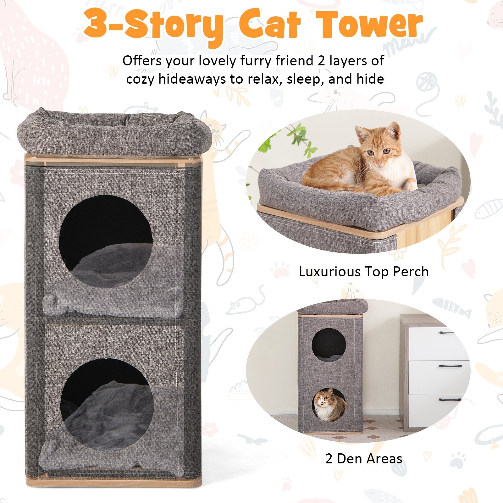 3-Story Cat House with Scratching Board for Indoor Cats, Gray Cat Trees Condos & Scratchers   at Gallery Canada