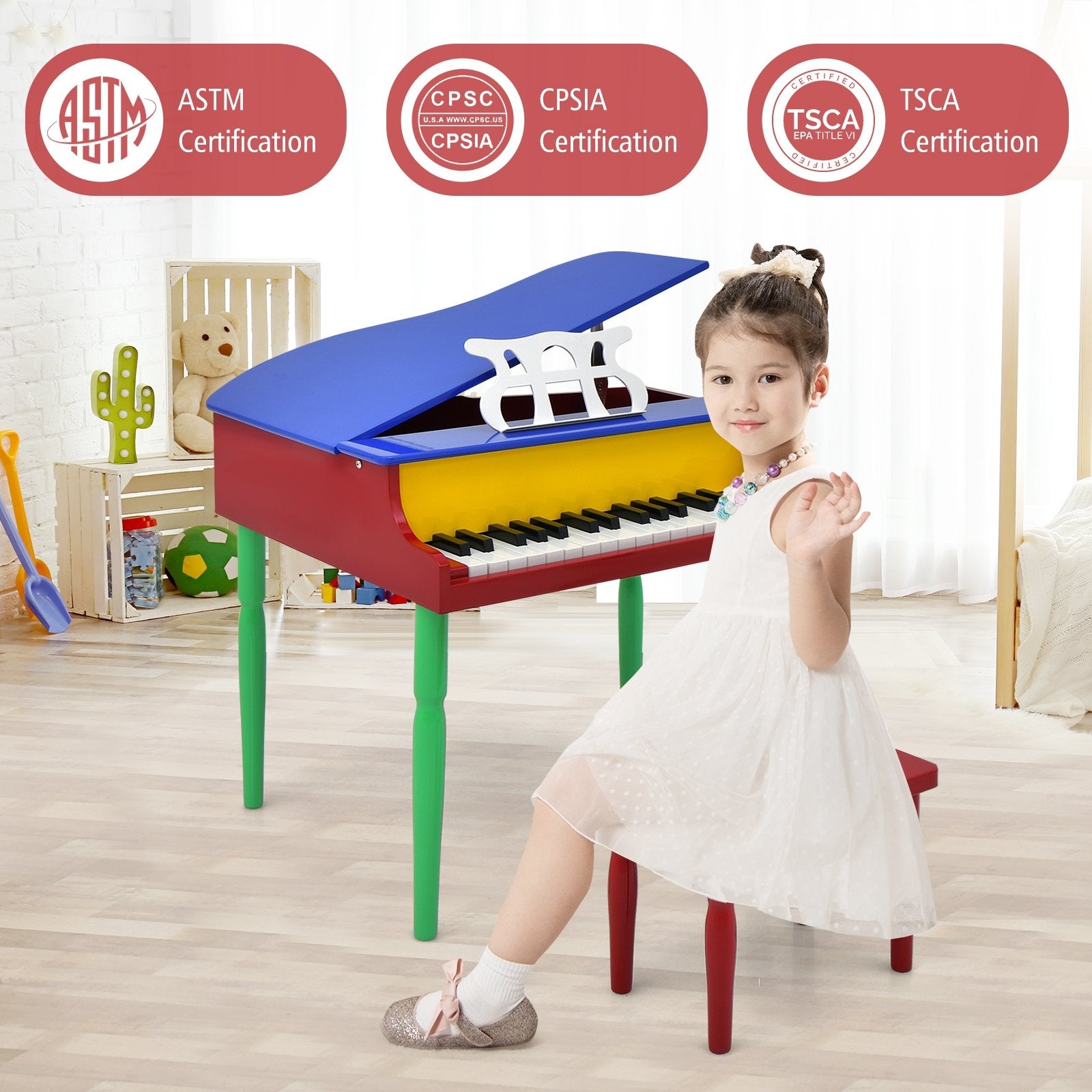 30-Key Wood Toy Kids Grand Piano with Bench and Music Rack, Multicolor Pianos & Keyboards   at Gallery Canada