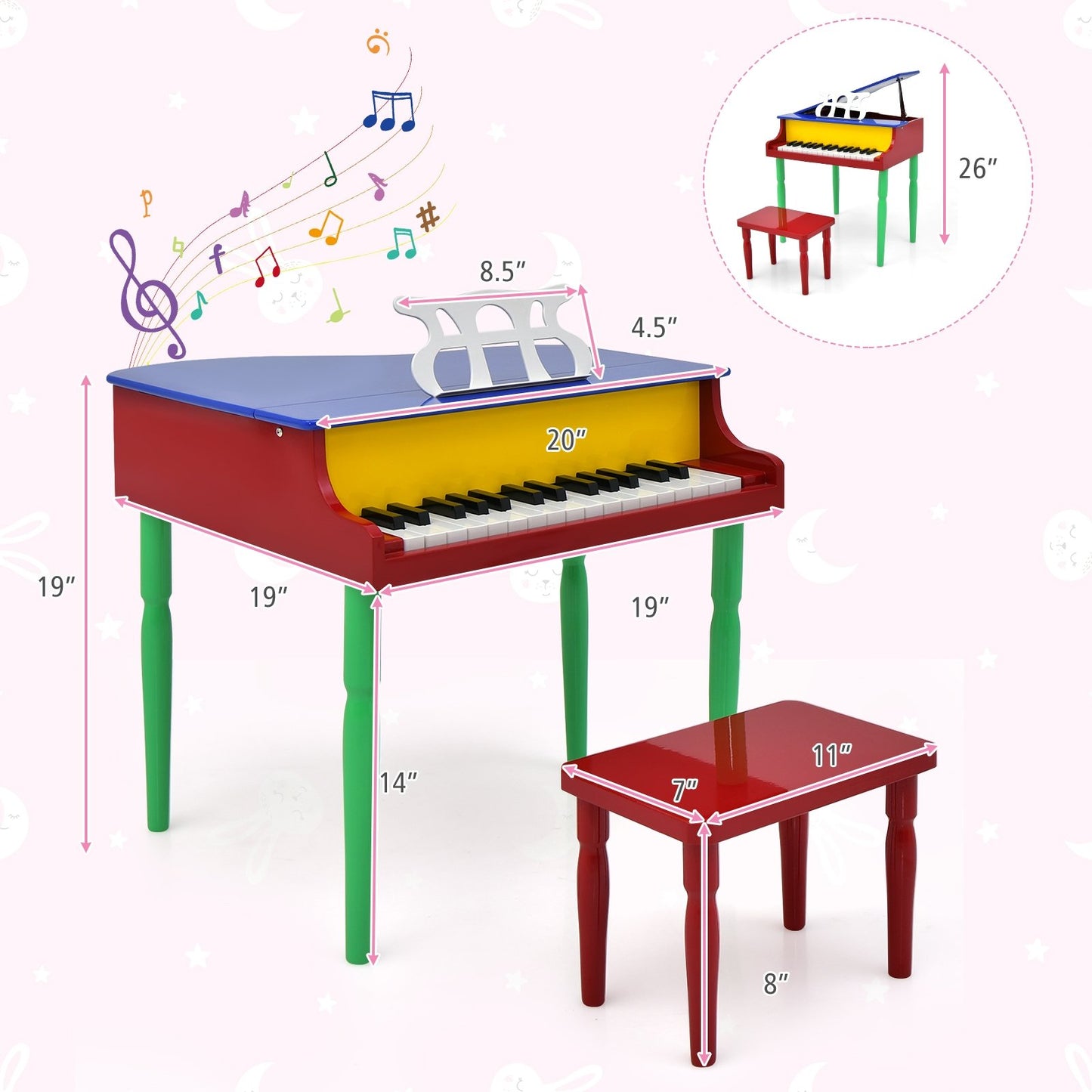 30-Key Wood Toy Kids Grand Piano with Bench and Music Rack, Multicolor Pianos & Keyboards   at Gallery Canada