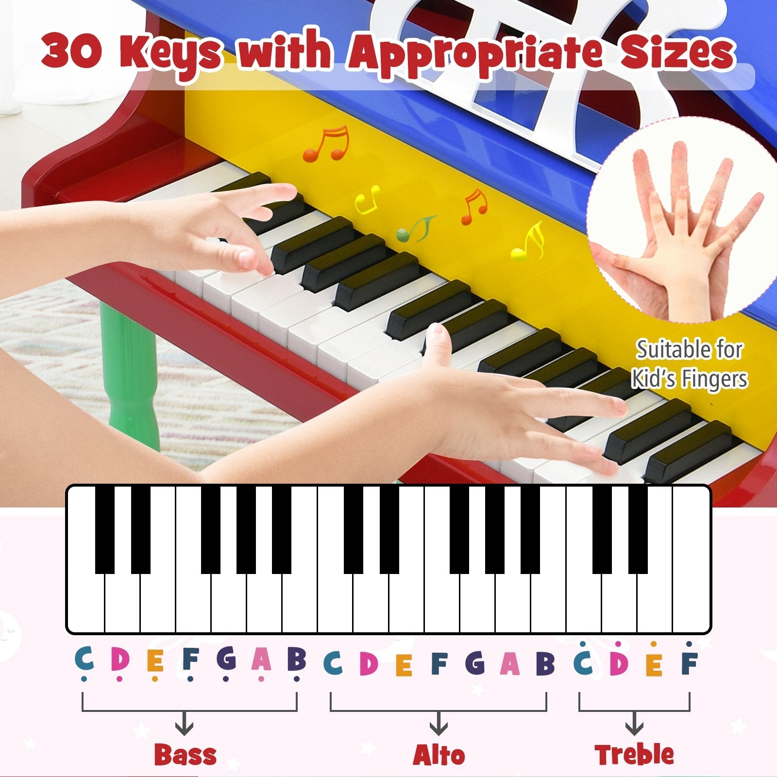 30-Key Wood Toy Kids Grand Piano with Bench and Music Rack, Multicolor Pianos & Keyboards   at Gallery Canada