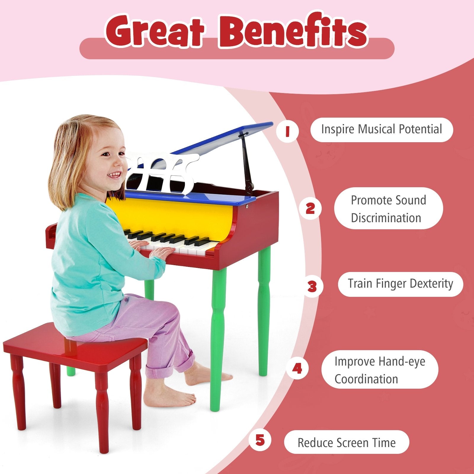 30-Key Wood Toy Kids Grand Piano with Bench and Music Rack, Multicolor Pianos & Keyboards   at Gallery Canada